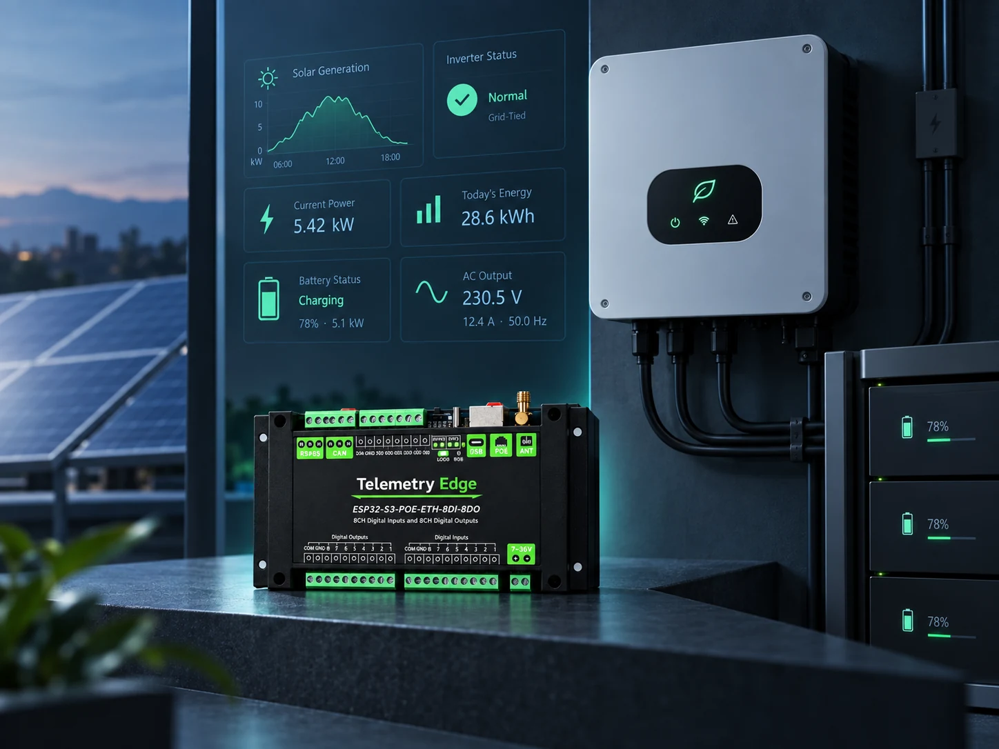Sistema Telemetry Solar conectado a un inversor fotovoltaico y banco de baterías